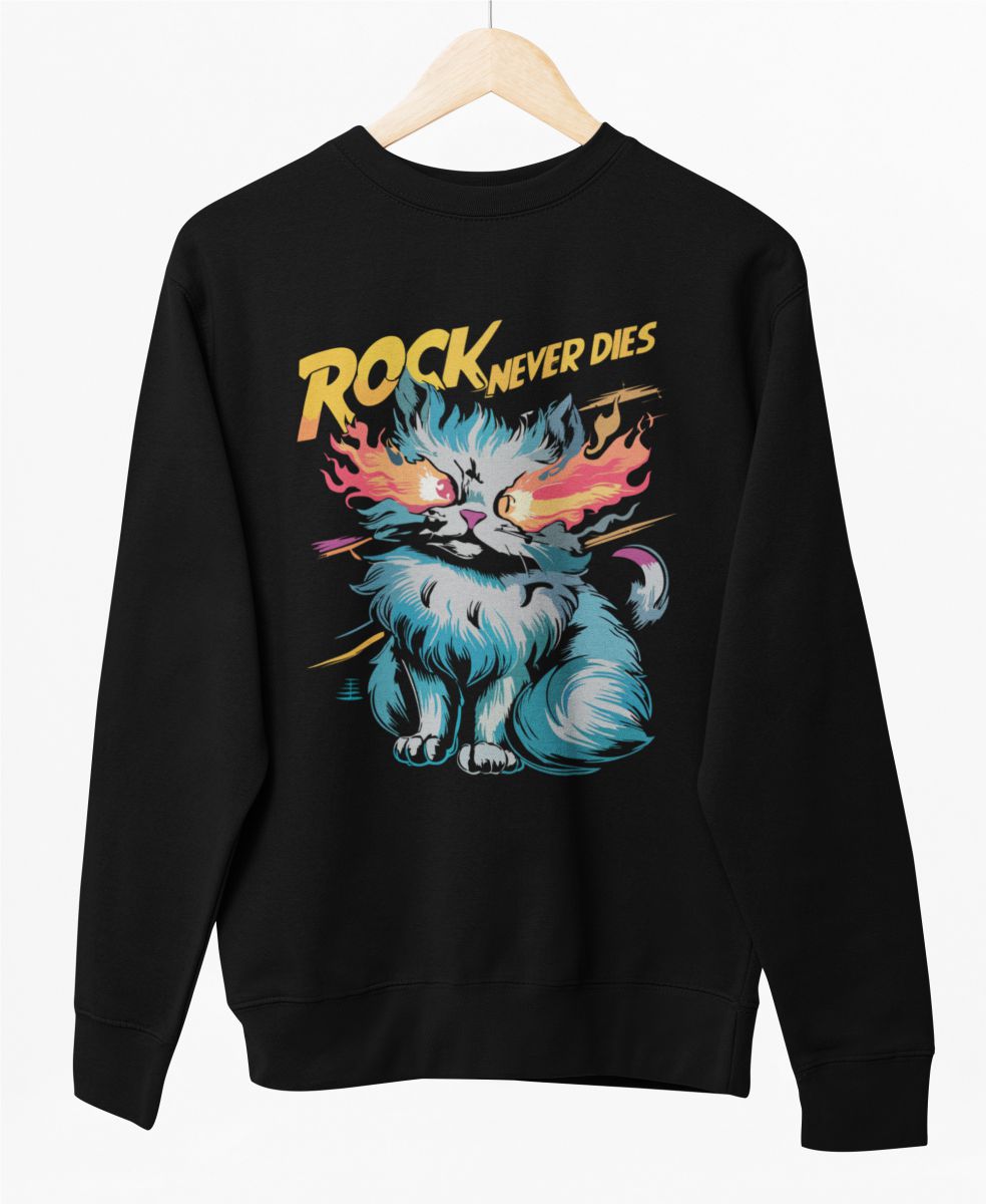 Melns UNISEX džemperis bez kapuces "Rock never dies"