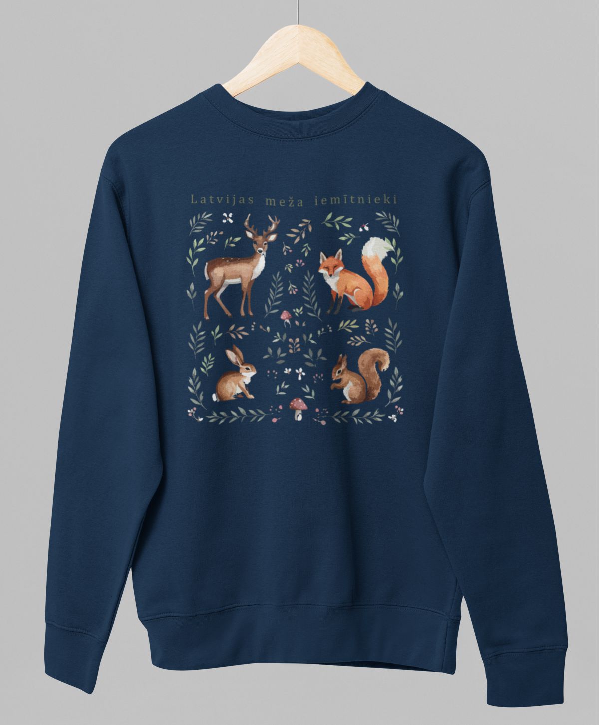Zils UNISEX džemperis bez kapuces "Meža iemītnieki"