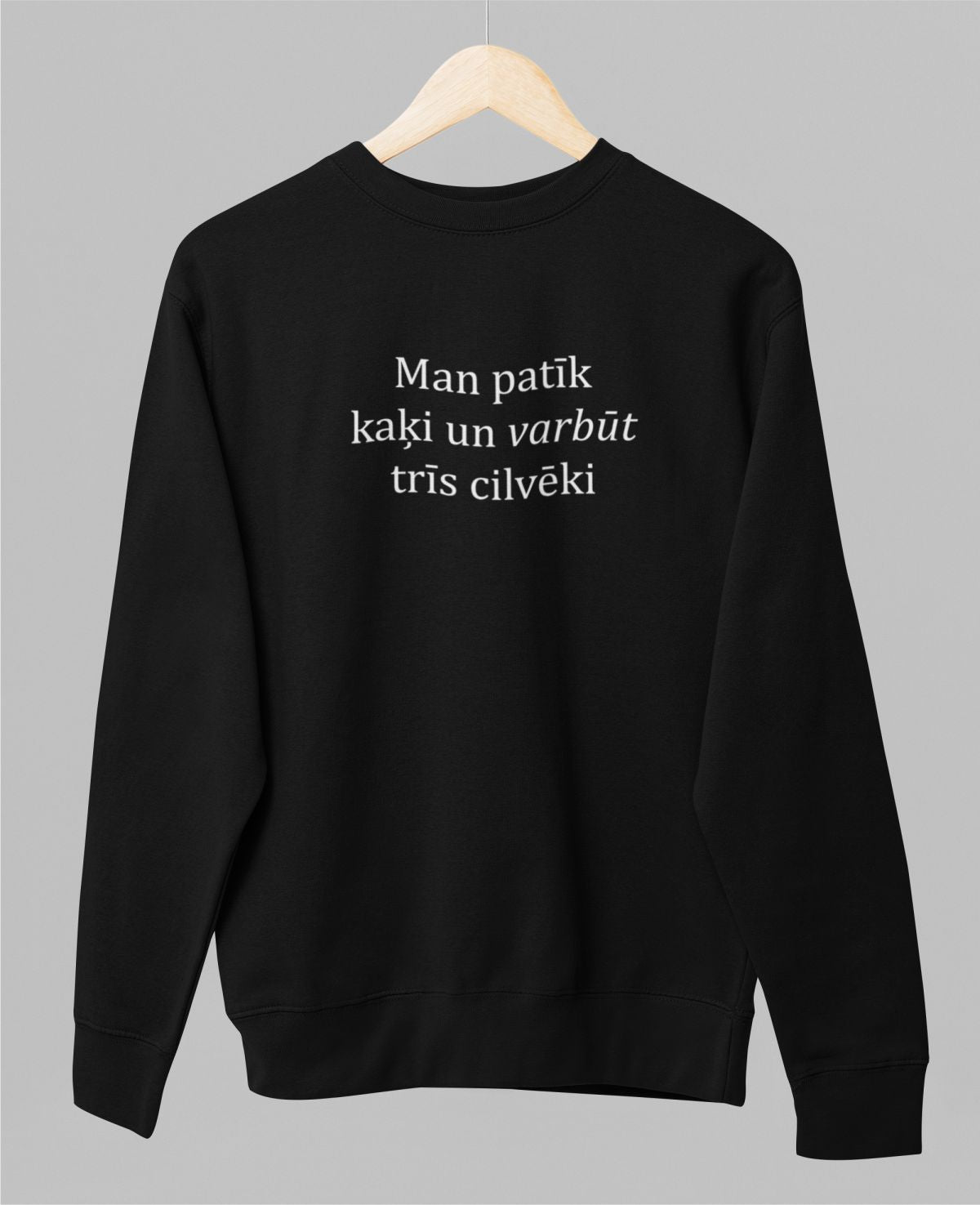 Melns UNISEX džemperis bez kapuces "Man patīk kaķi un varbūt trīs cilvēki"