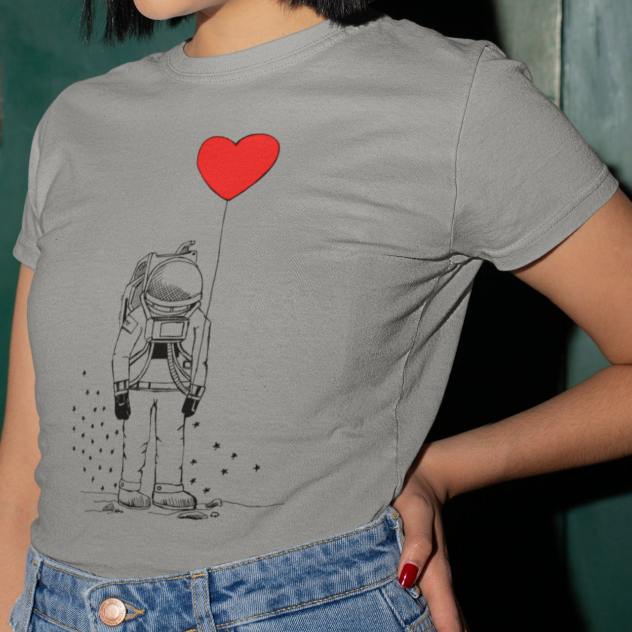 Pelēks melanžs UNISEX T-krekls Kosmonauts ar sirdi