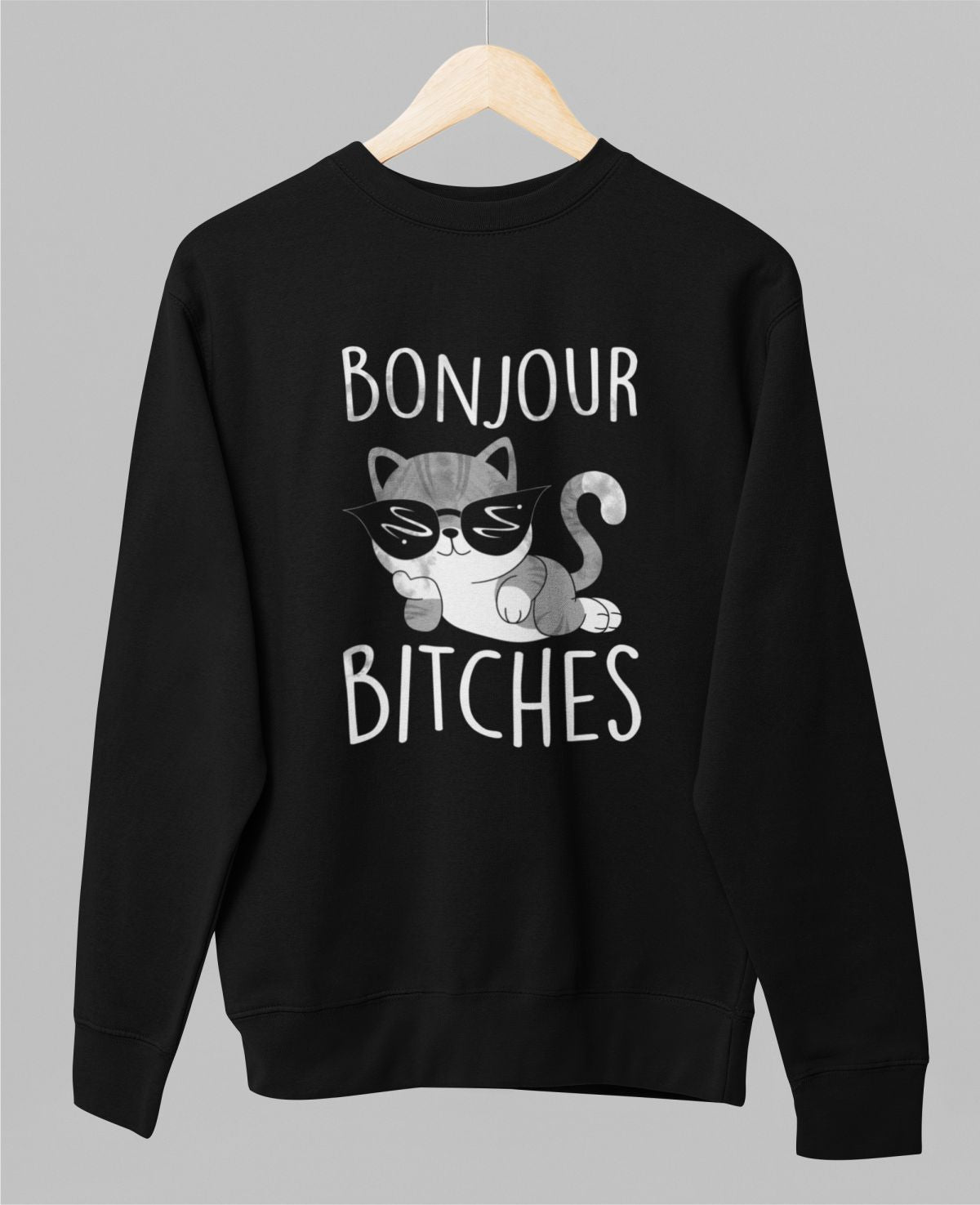 Melns UNISEX džemperis bez kapuces "Bonjour bitches"