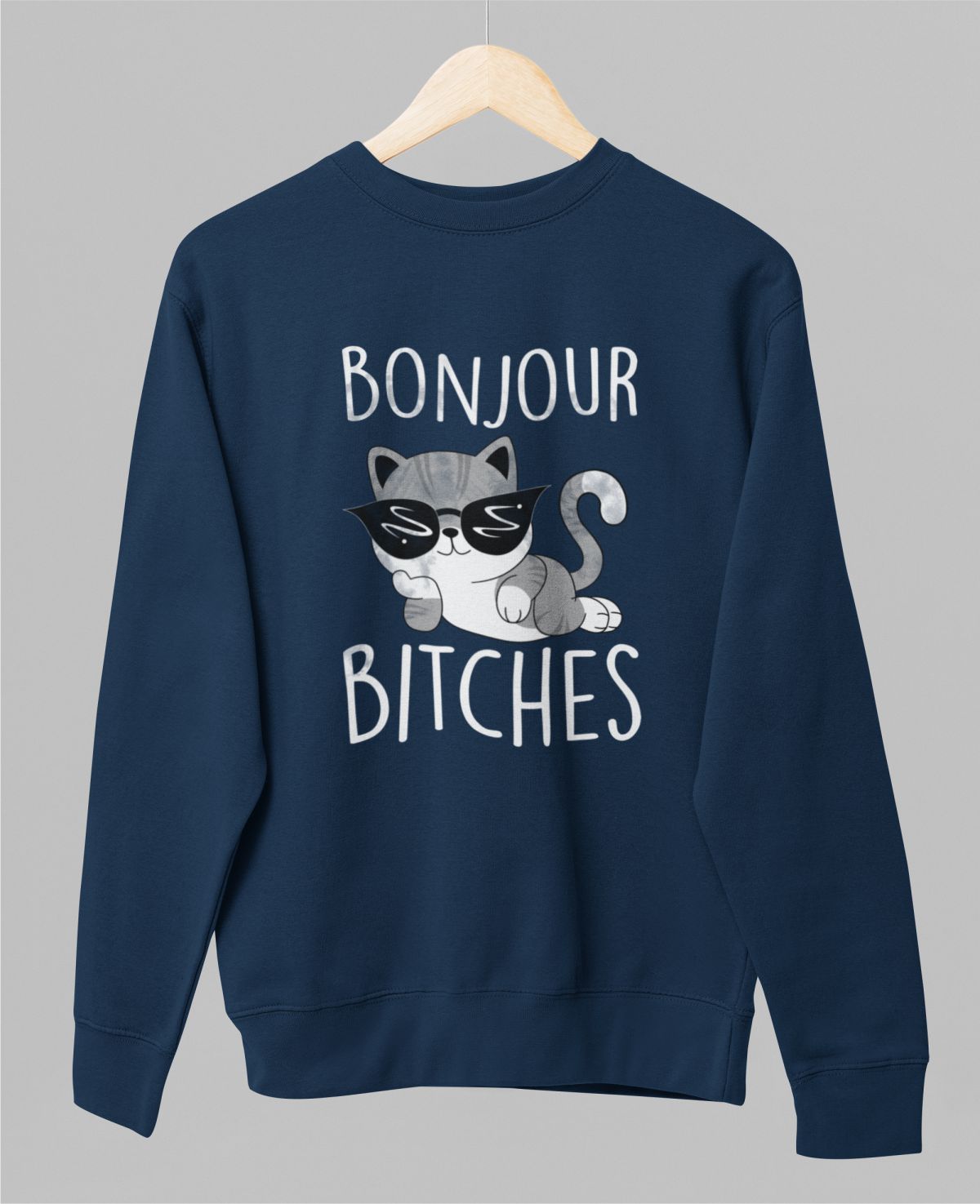 Zils UNISEX džemperis bez kapuces "Bonjour bitches"