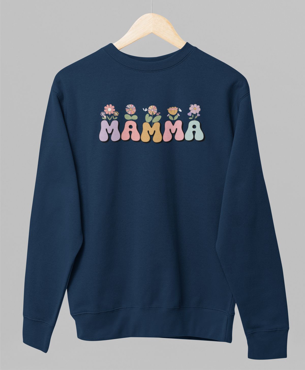 Zils UNISEX džemperis bez kapuces "Mamma ar puķēm"
