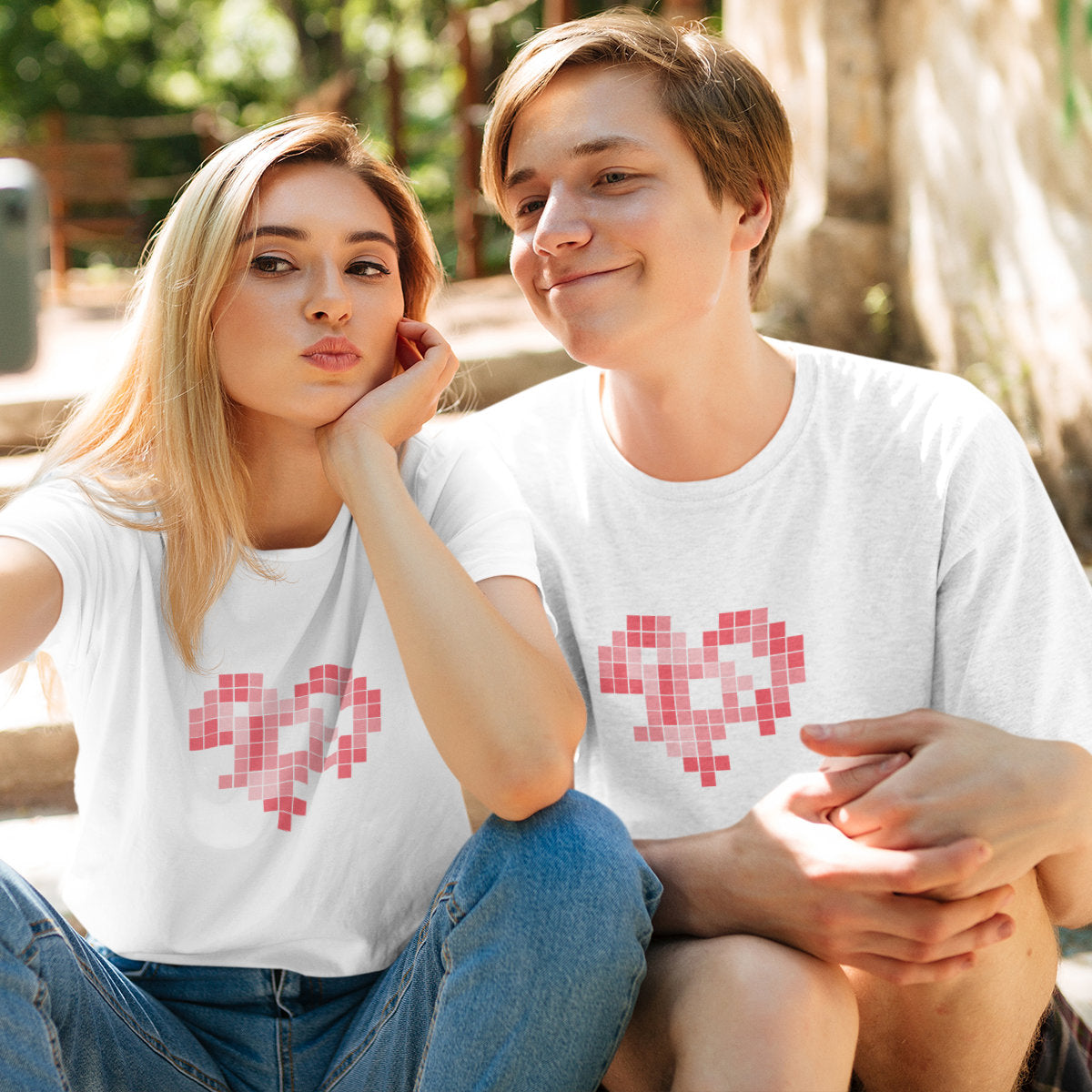 Balti unisex krekli pāriem "Sirds tetris"