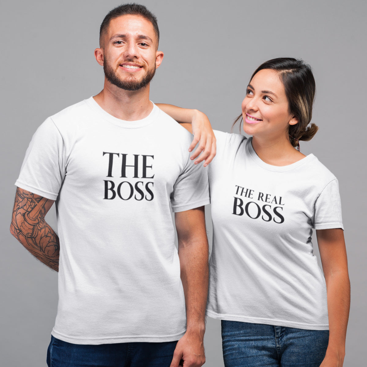 Balti unisex krekli pāriem "Boss un īstais boss"
