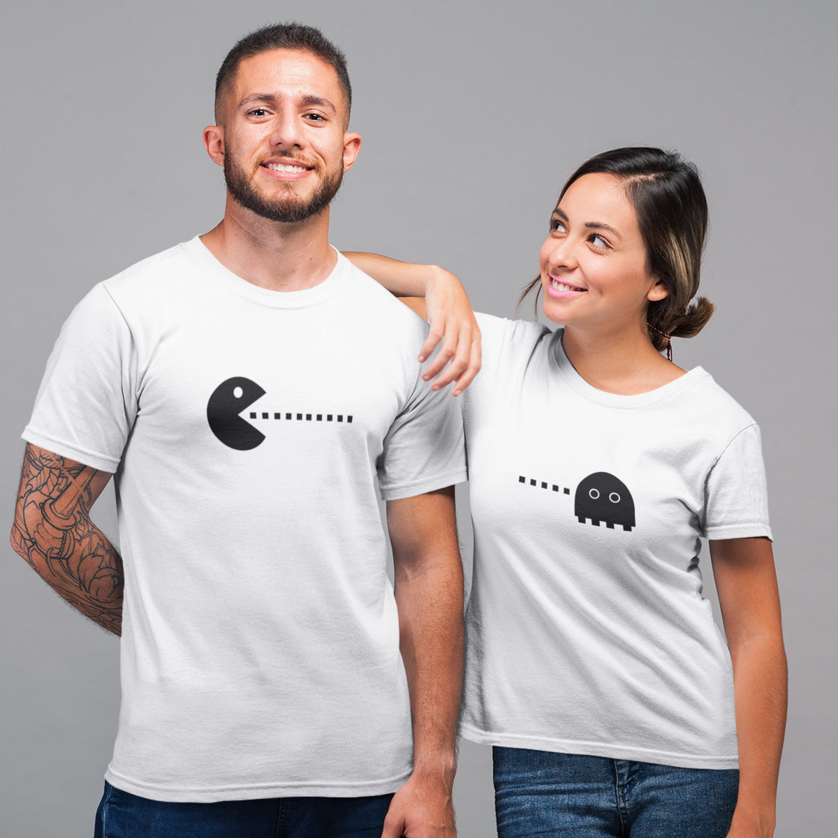 Balti unisex krekli pāriem "Pacman spēle"